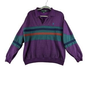 Knights of Round Table 90's Polo Sweater Men's Large Purple Stripe FLAW READ
